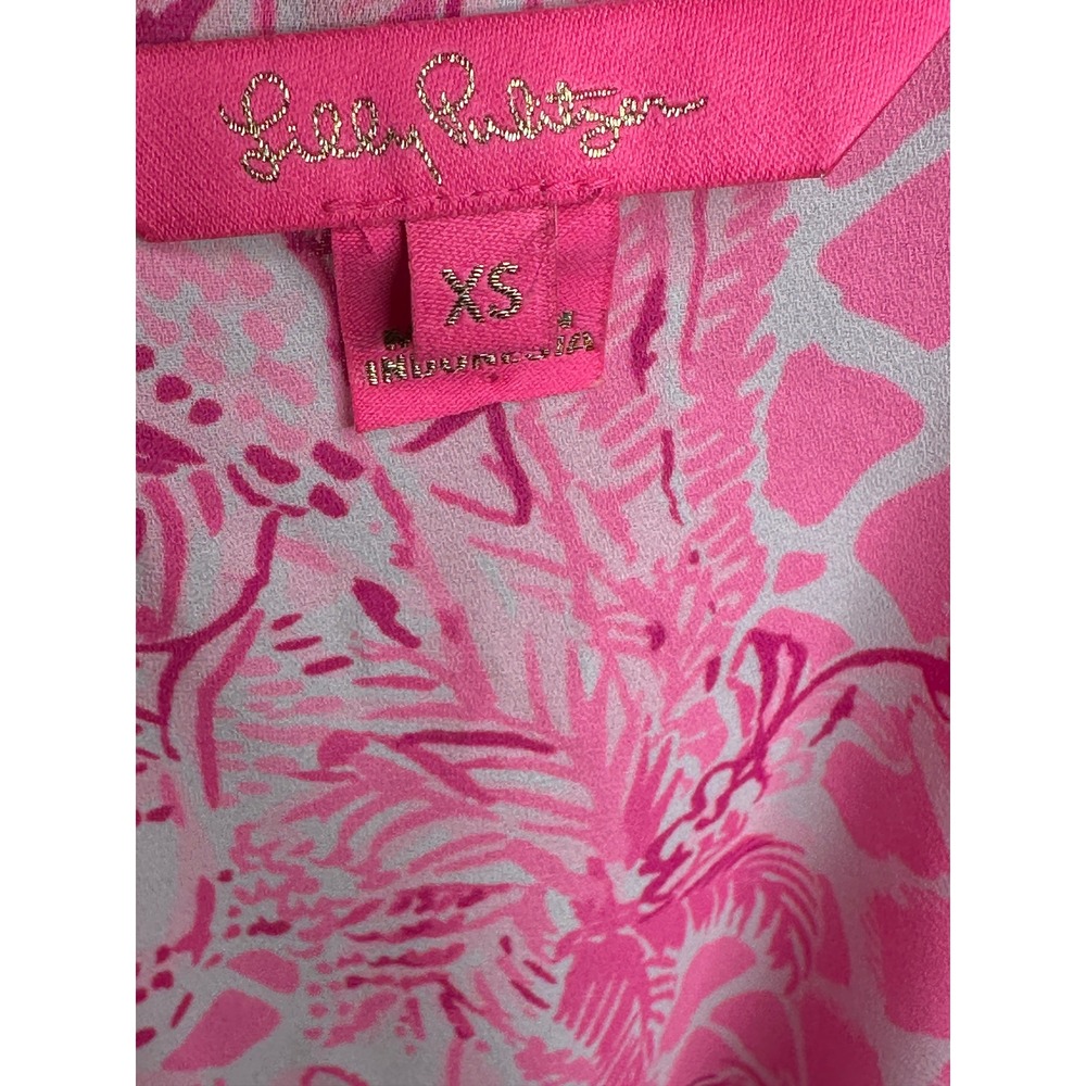 Lilly Pulitzer Blouse XS Pink Tropical Palm Tree Tie V-Neck Resort Top Pamela - Picture 7 of 9